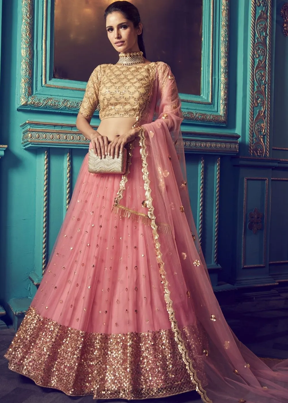 Rouge Pink Designer Soft Net Lehenga Choli with Sequin and Dori work