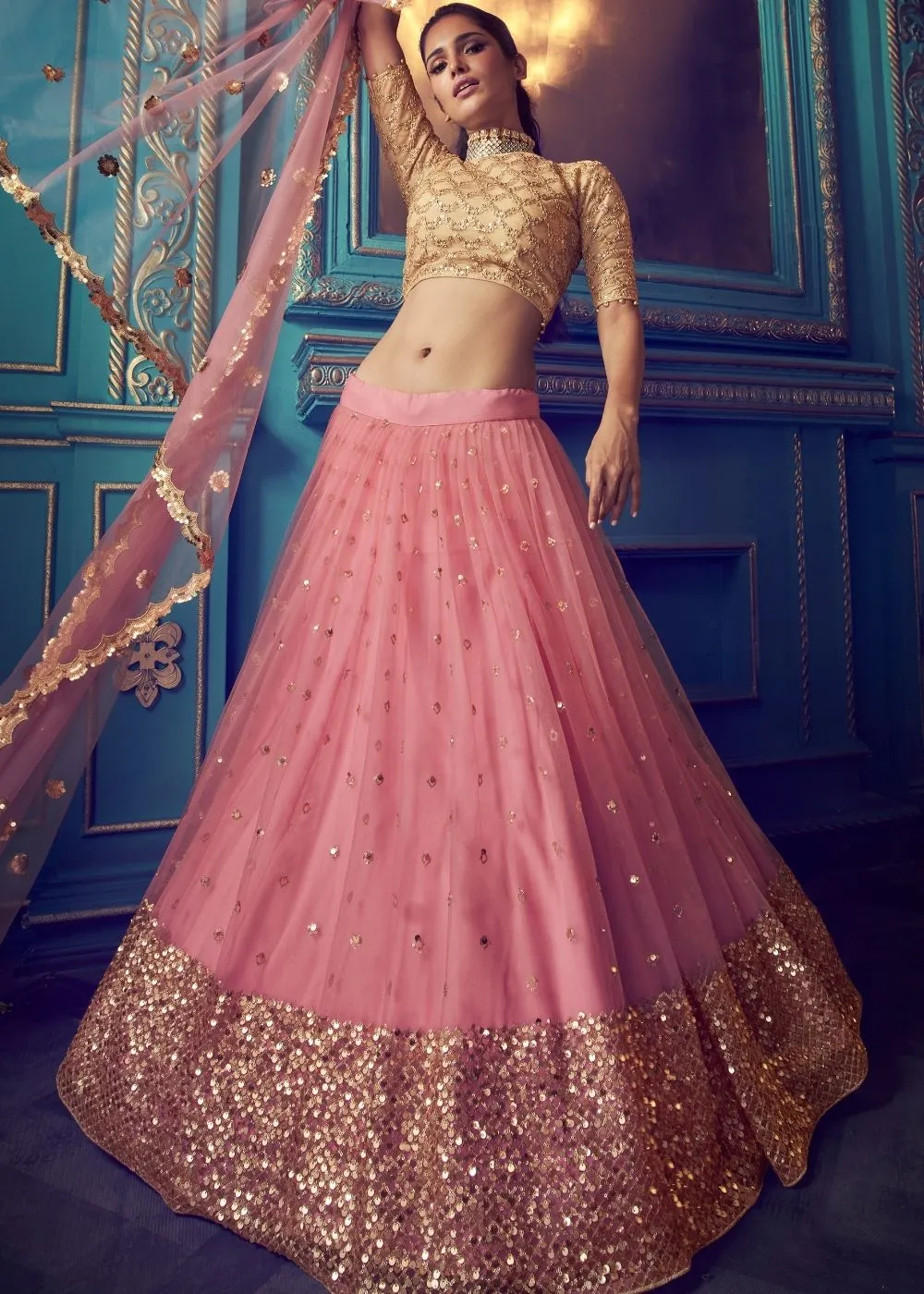 Rouge Pink Designer Soft Net Lehenga Choli with Sequin and Dori work