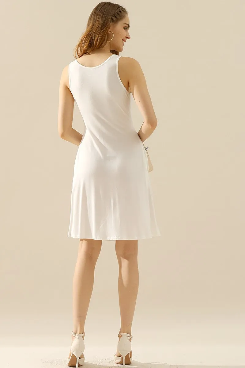 Round Neck Ruched Sleeveless Dress with Pockets