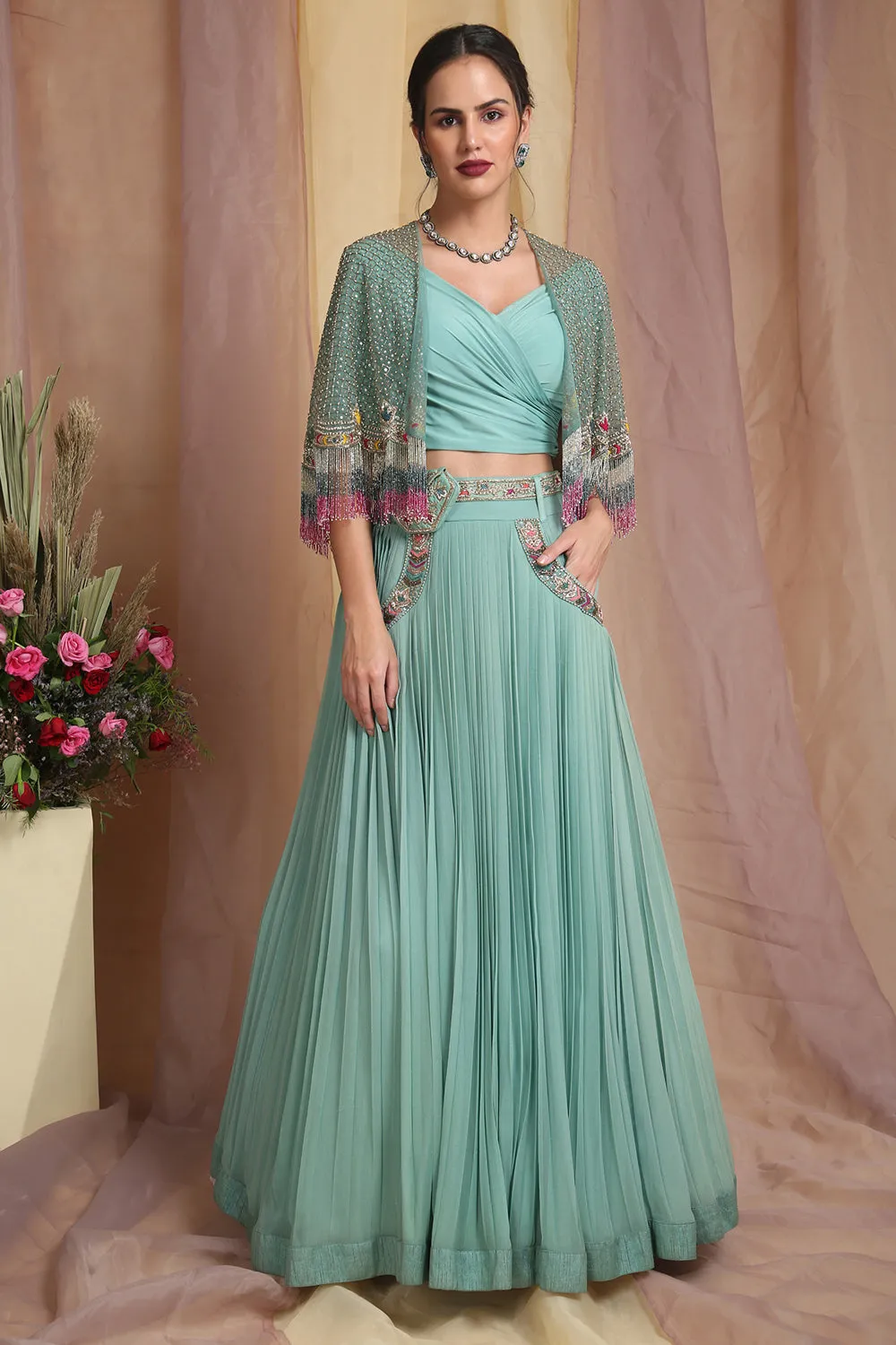 Sea Green Cape Drape Skirt Set