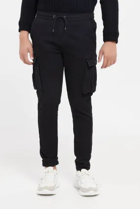 Senior Boys Black Cargo Pull On Jeans