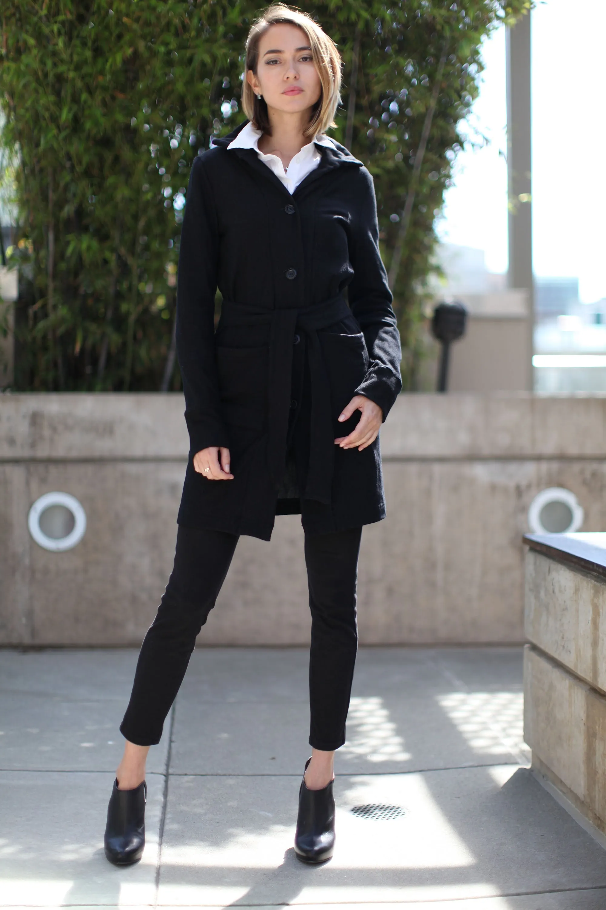 Sherry Botton Straight Collar Merino Wool Coat with Front Pockets