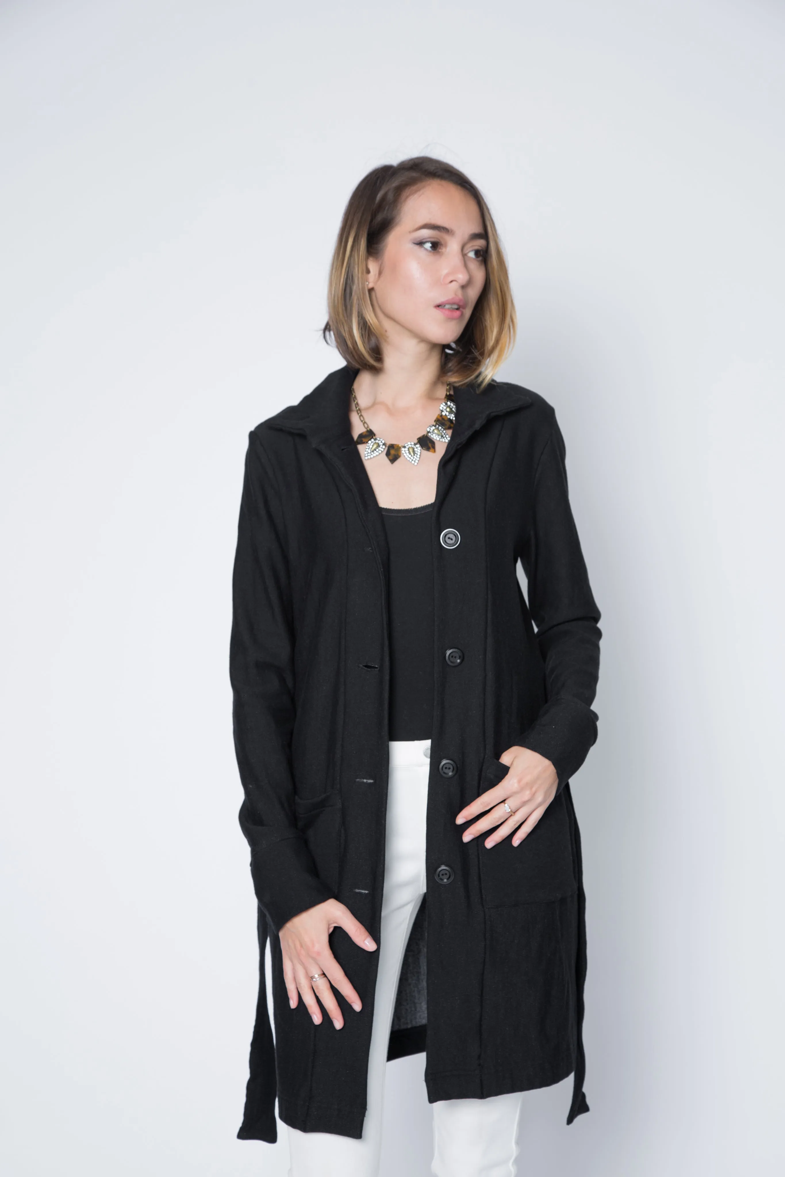 Sherry Botton Straight Collar Merino Wool Coat with Front Pockets