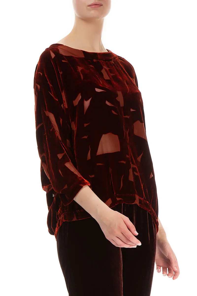 Short Abstract Devoré Brick Silk Velvet Blouse