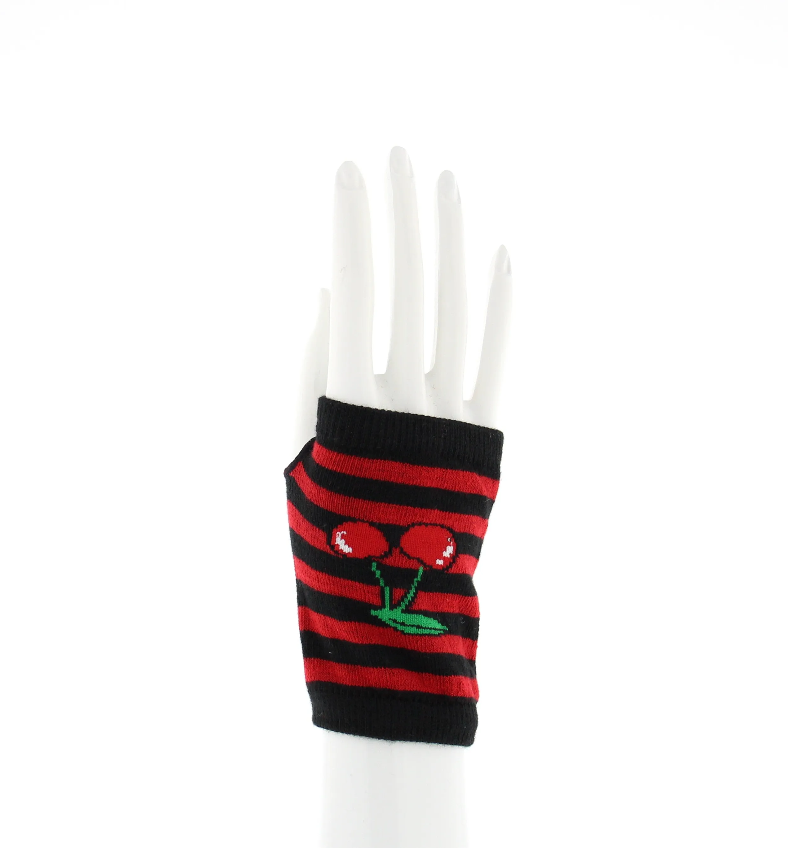 Short Fingerless Striped Gloves with Cherries