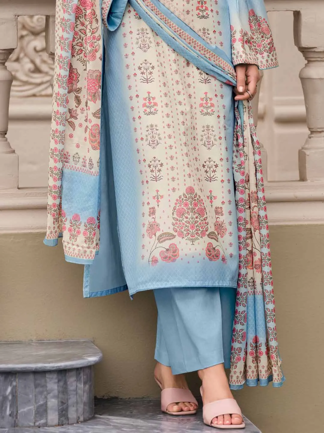 Sky Blue Cotton Printed Unstitched Women Salwar Suit Fabric