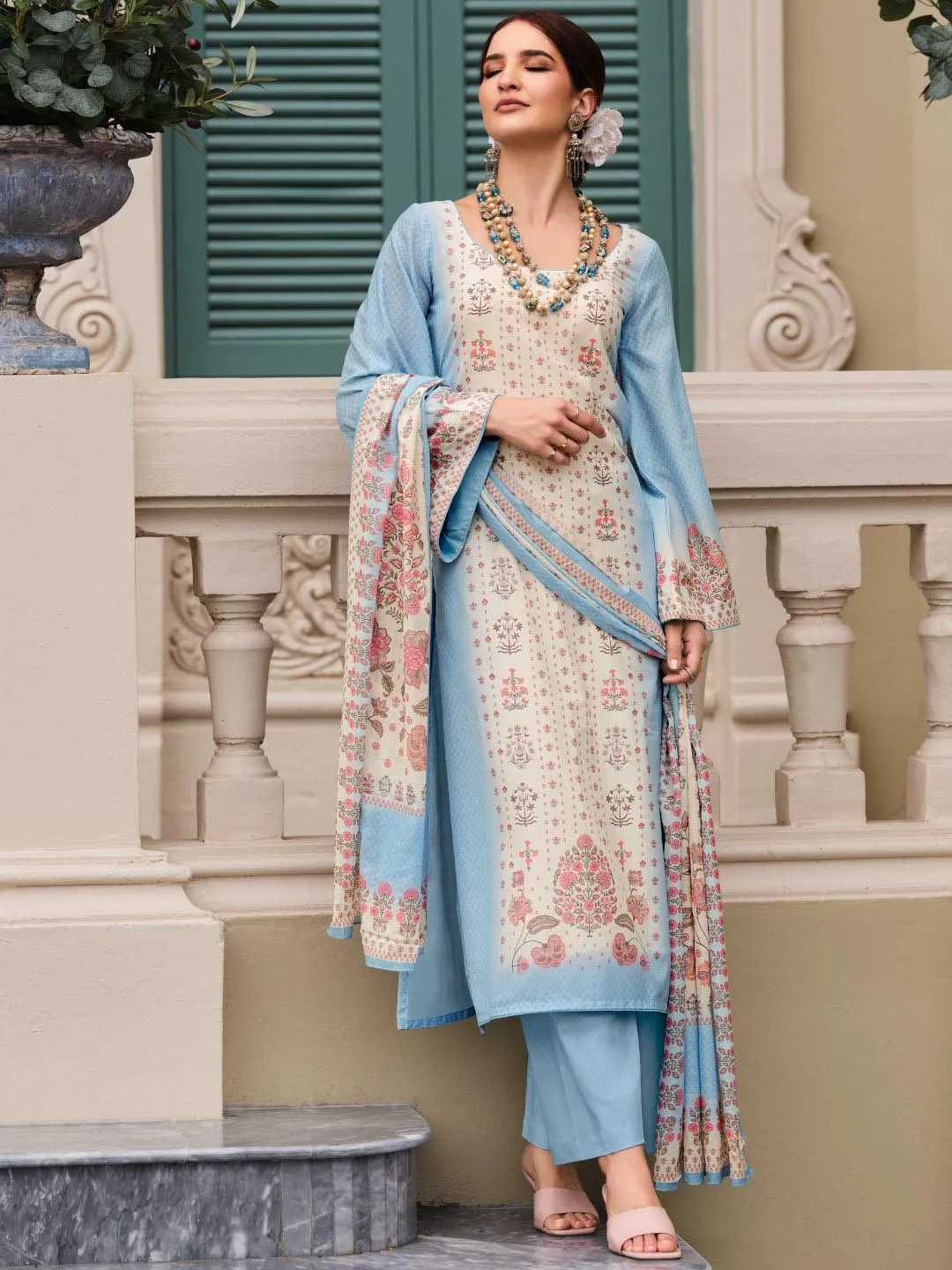 Sky Blue Cotton Printed Unstitched Women Salwar Suit Fabric