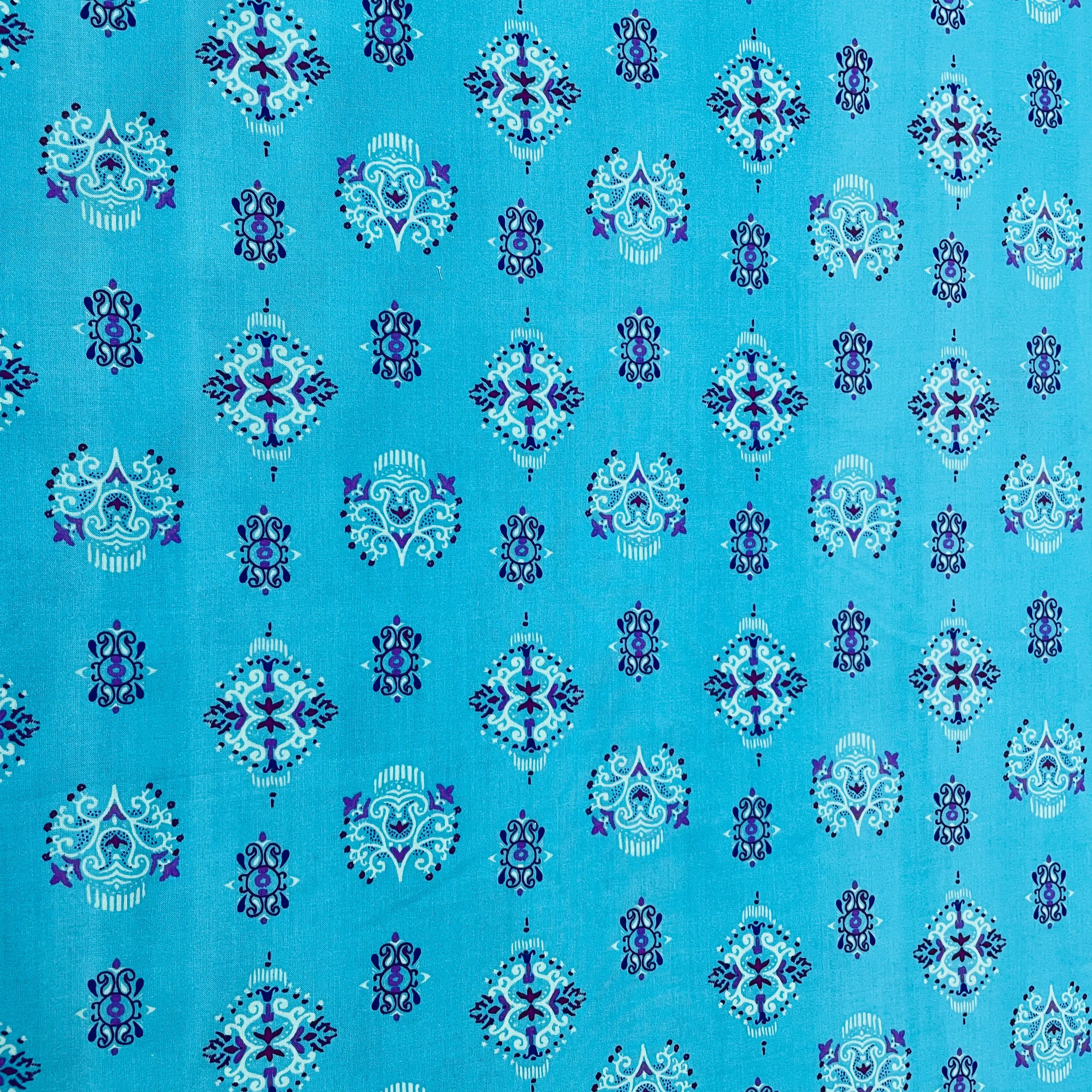 Sky Blue Traditional Print Rayon Fabric