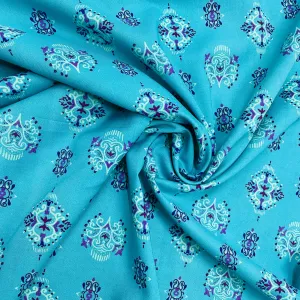 Sky Blue Traditional Print Rayon Fabric