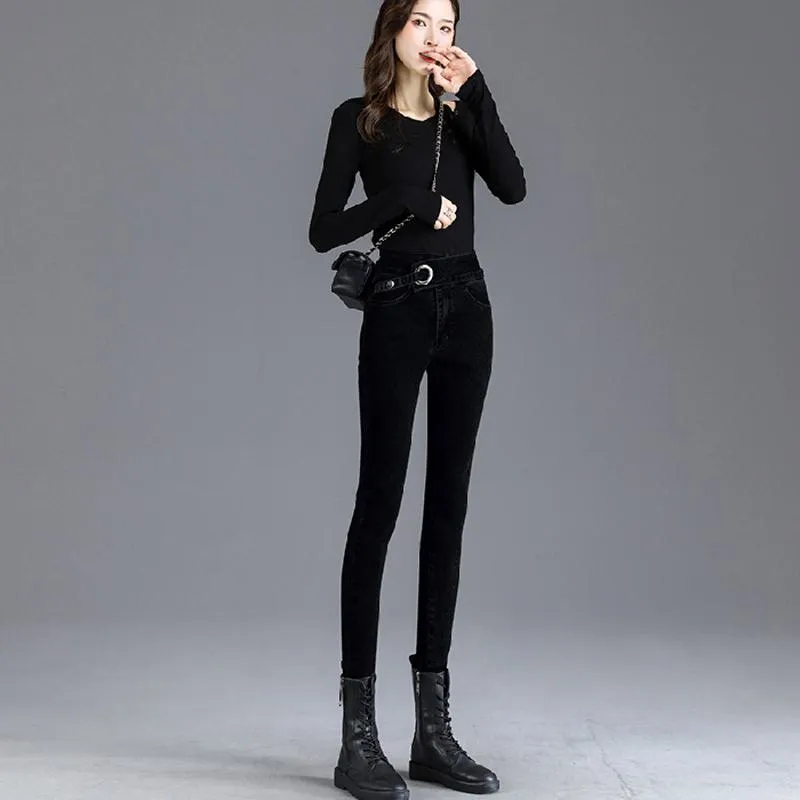 Slimming High-Waisted Black Light-Colored Elasticity Pencil Slim-Fit Tight-Fitting Versatile Jeans