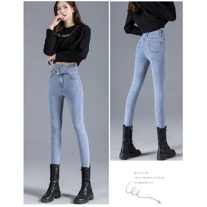 Slimming High-Waisted Black Light-Colored Elasticity Pencil Slim-Fit Tight-Fitting Versatile Jeans