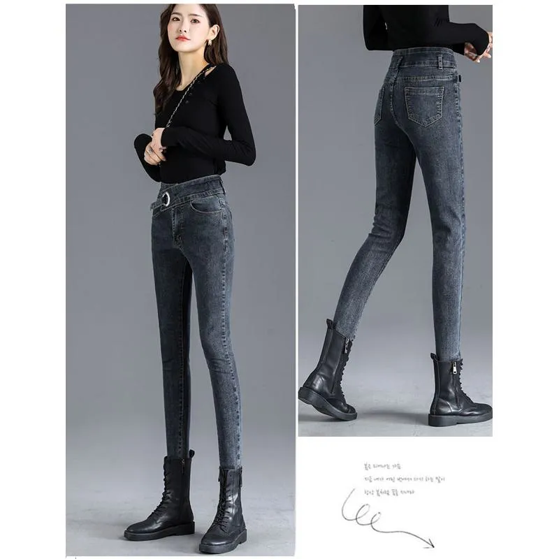 Slimming High-Waisted Black Light-Colored Elasticity Pencil Slim-Fit Tight-Fitting Versatile Jeans