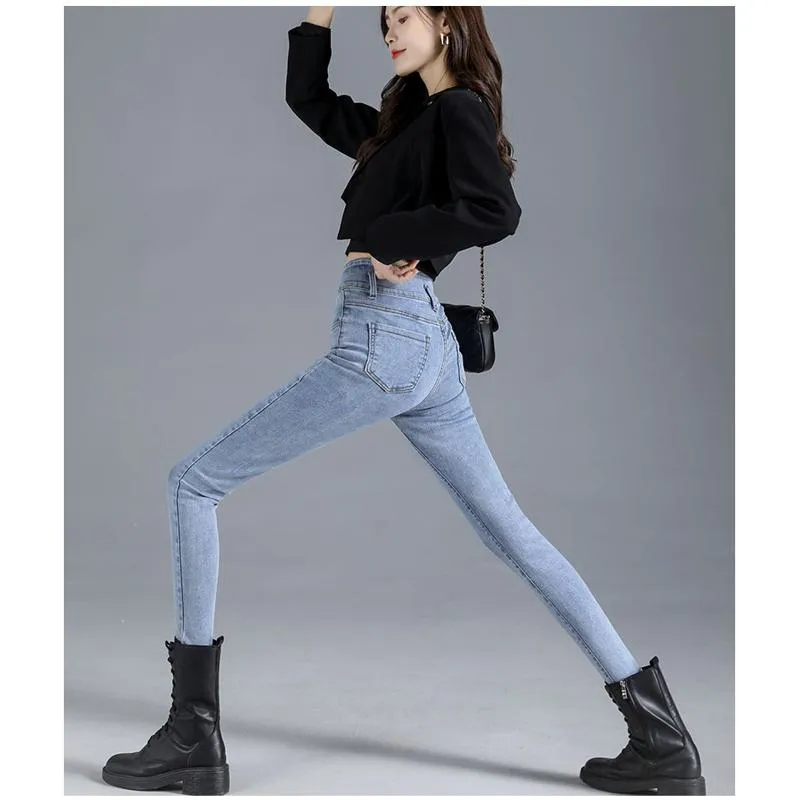 Slimming High-Waisted Black Light-Colored Elasticity Pencil Slim-Fit Tight-Fitting Versatile Jeans