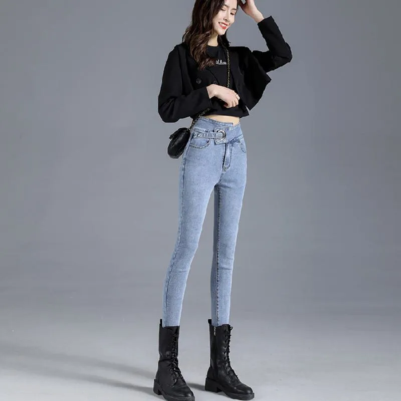 Slimming High-Waisted Black Light-Colored Elasticity Pencil Slim-Fit Tight-Fitting Versatile Jeans