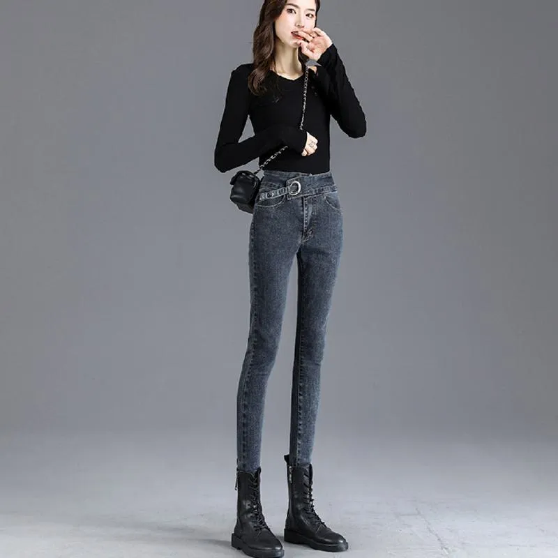 Slimming High-Waisted Black Light-Colored Elasticity Pencil Slim-Fit Tight-Fitting Versatile Jeans