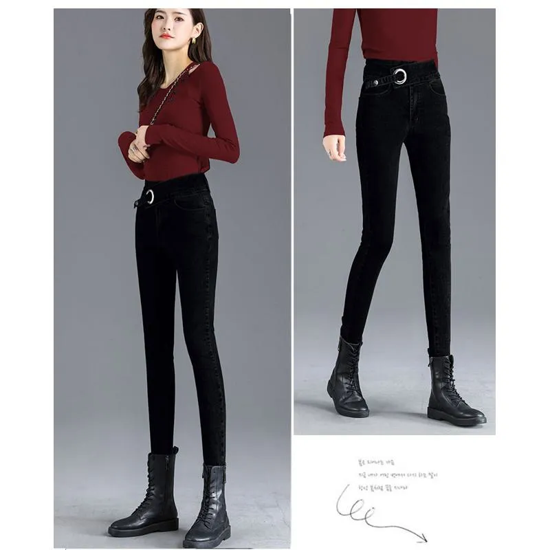 Slimming High-Waisted Black Light-Colored Elasticity Pencil Slim-Fit Tight-Fitting Versatile Jeans