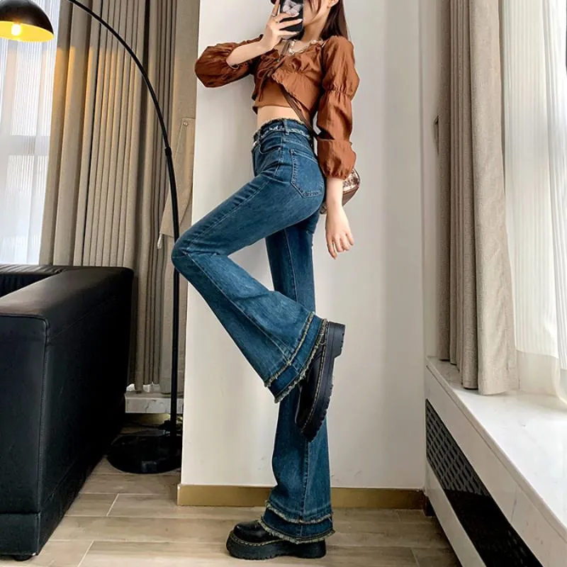 Slimming High-Waisted Slight Flare Elasticity Retro Slim-Fit Frayed Edge Jeans