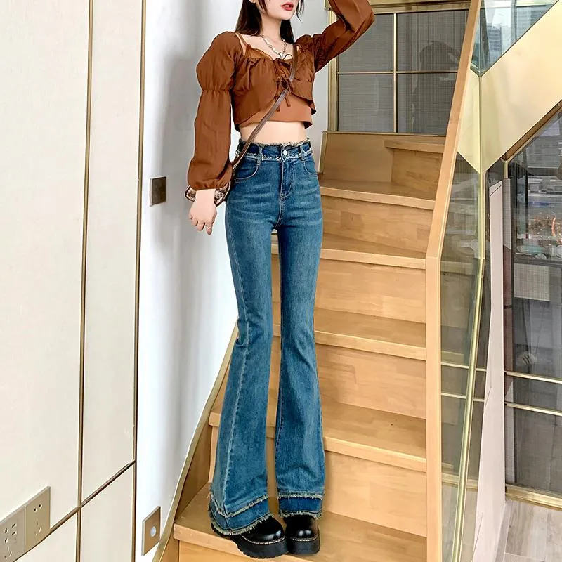 Slimming High-Waisted Slight Flare Elasticity Retro Slim-Fit Frayed Edge Jeans