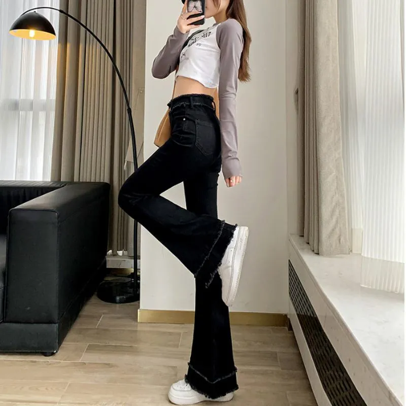 Slimming High-Waisted Slight Flare Elasticity Retro Slim-Fit Frayed Edge Jeans