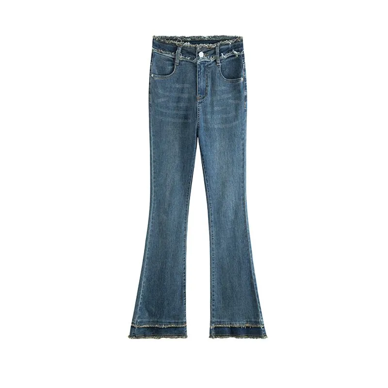 Slimming High-Waisted Slight Flare Elasticity Retro Slim-Fit Frayed Edge Jeans