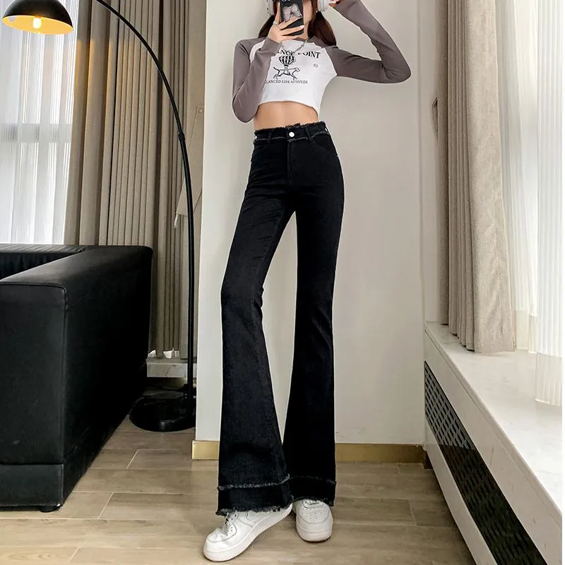 Slimming High-Waisted Slight Flare Elasticity Retro Slim-Fit Frayed Edge Jeans