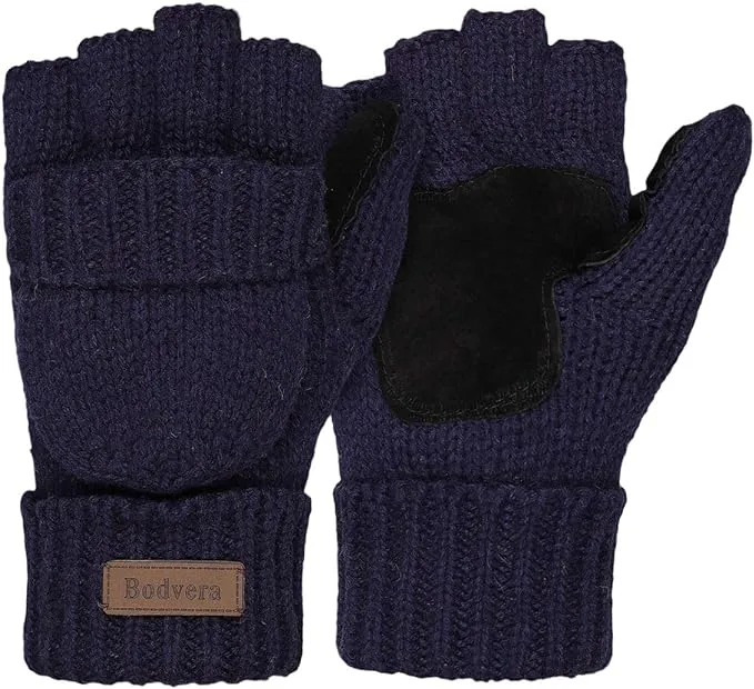 Soft Winter Knit Navy Blue Fingerless Glove Mittens