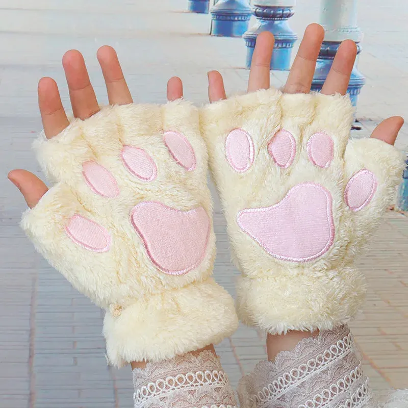 Sohiwoo Women Cartoon Cat Claw Gloves Thicken Fingerless Plush Bears Warm Cute Thick Bear Paw Fingers Half Winter Kawaii Mittens Gloves