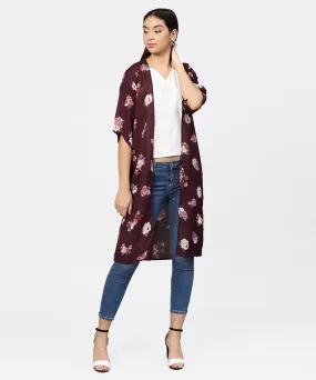 Solid V-Neck Cream Top With Floral Printed Loose-Fit 3/4Th Sleeves Open Style Cape