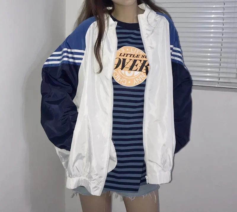 Sporty Pink Blue White Lines Windbreaker Jacket