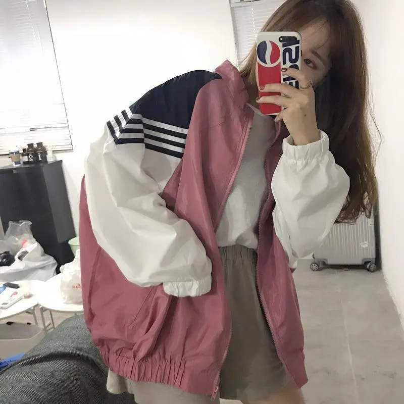 Sporty Pink Blue White Lines Windbreaker Jacket