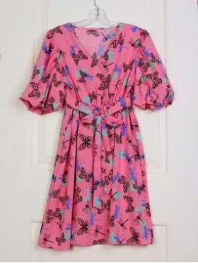 Stretchy Butterfly Print Dress w/ Cross Collar and Tie