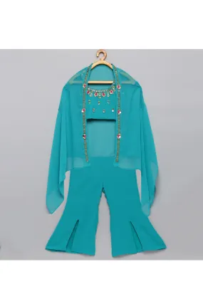 Teal Blue Sequins Hand Embroidered Sleeveless Top With Pant And Cape Set