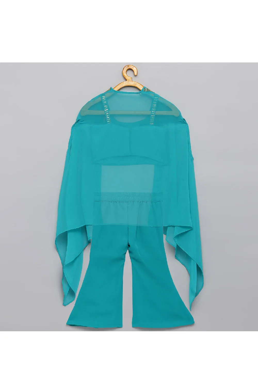 Teal Blue Sequins Hand Embroidered Sleeveless Top With Pant And Cape Set