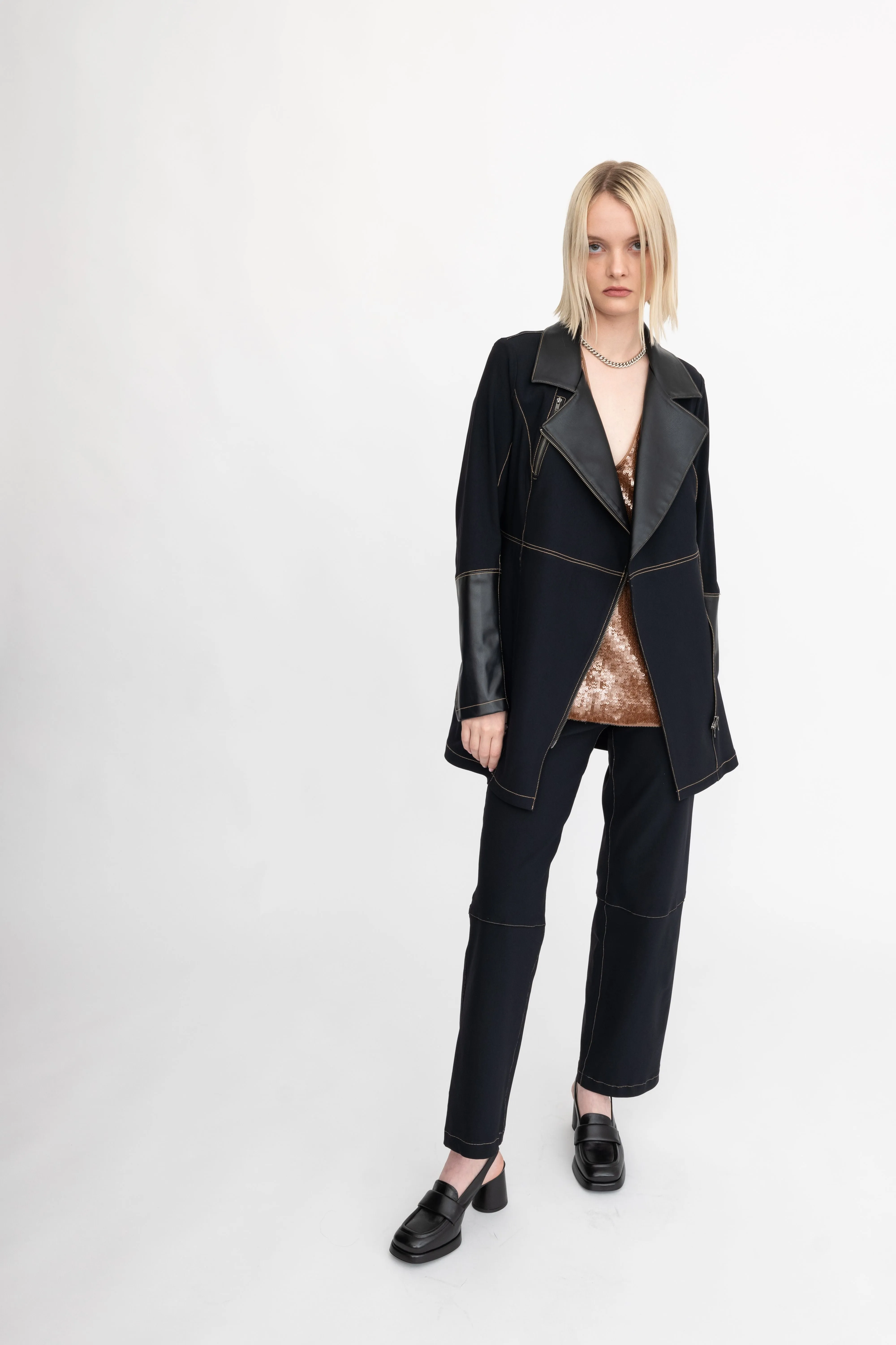 Tech Stretch Moto Coat with Vegan Leather & Contrast Stitching - ASANA H24