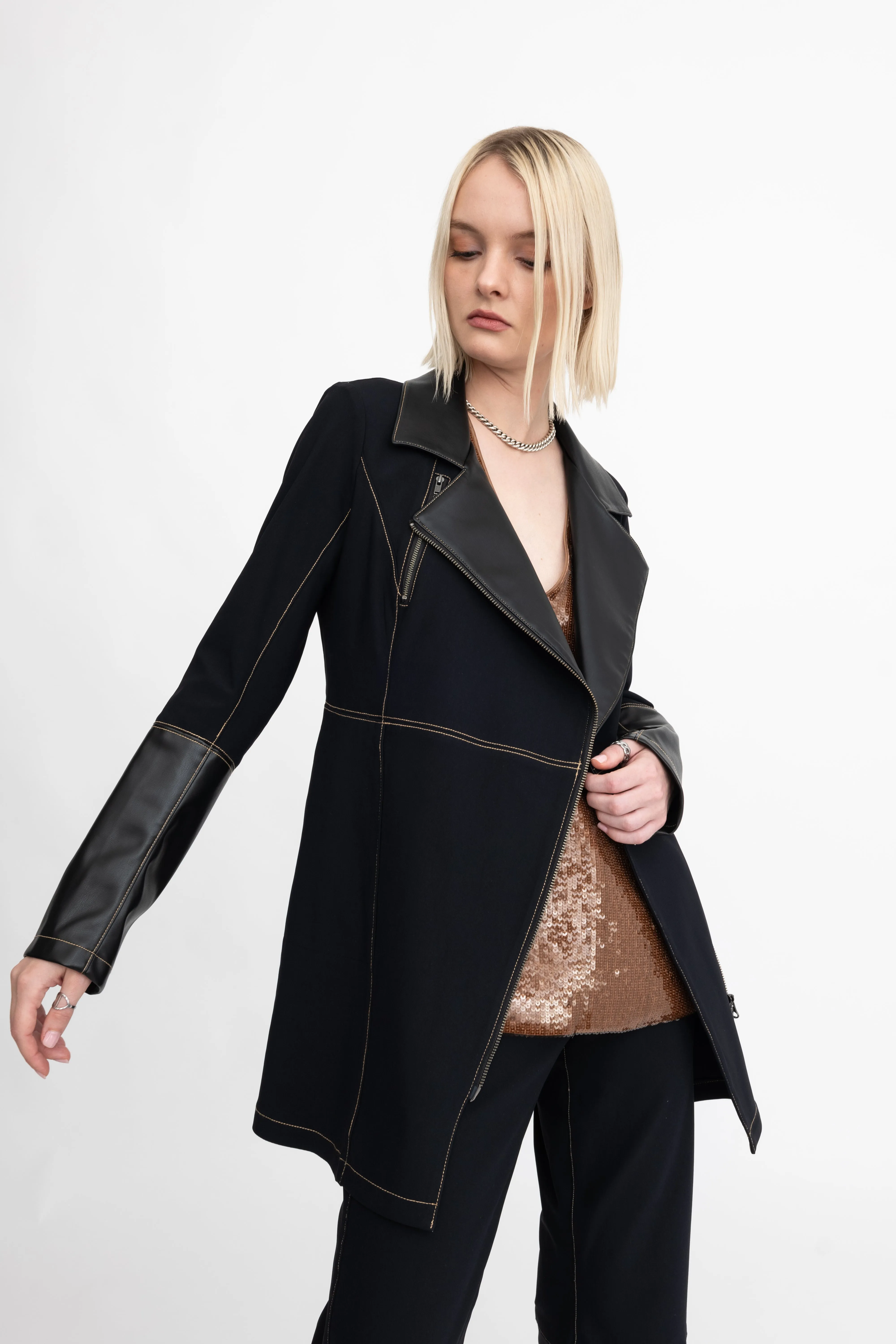 Tech Stretch Moto Coat with Vegan Leather & Contrast Stitching - ASANA H24