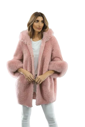 Teddy Coat with Fox Trim Hood/Cuffs - Pink