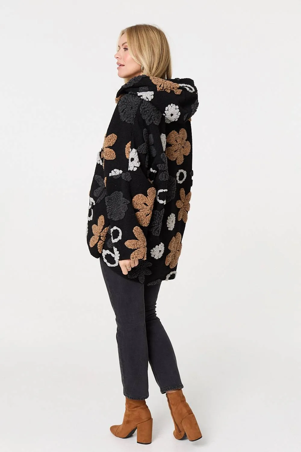 Textured Floral Longline Hoodie Coat