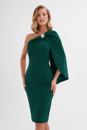 TINA One Shoulder Embellished Bow Cape Midi Dress in Emerald Green