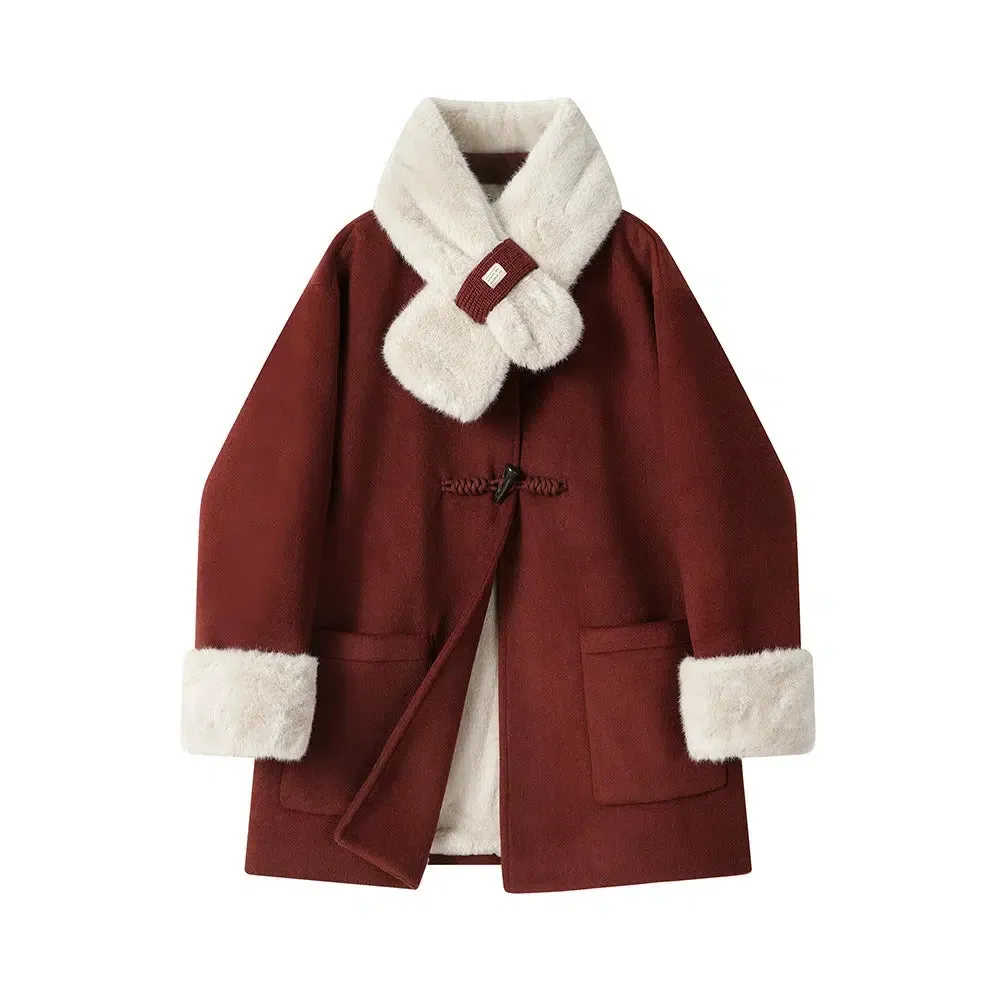 Toggle Closure Faux Fur Trim Wool Coat