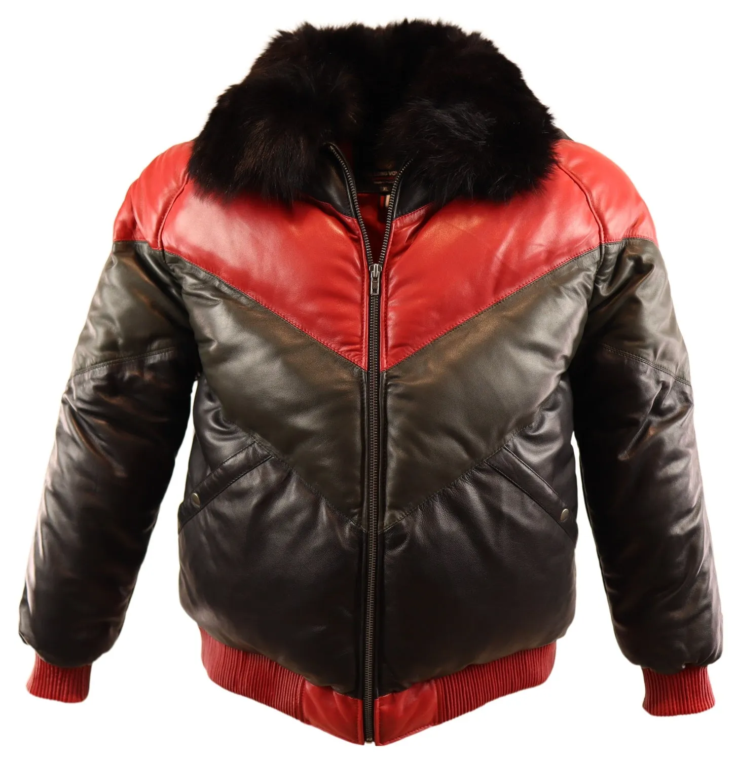 Tricolor Puffy Bomber Leather Jacket - The Long Voyage