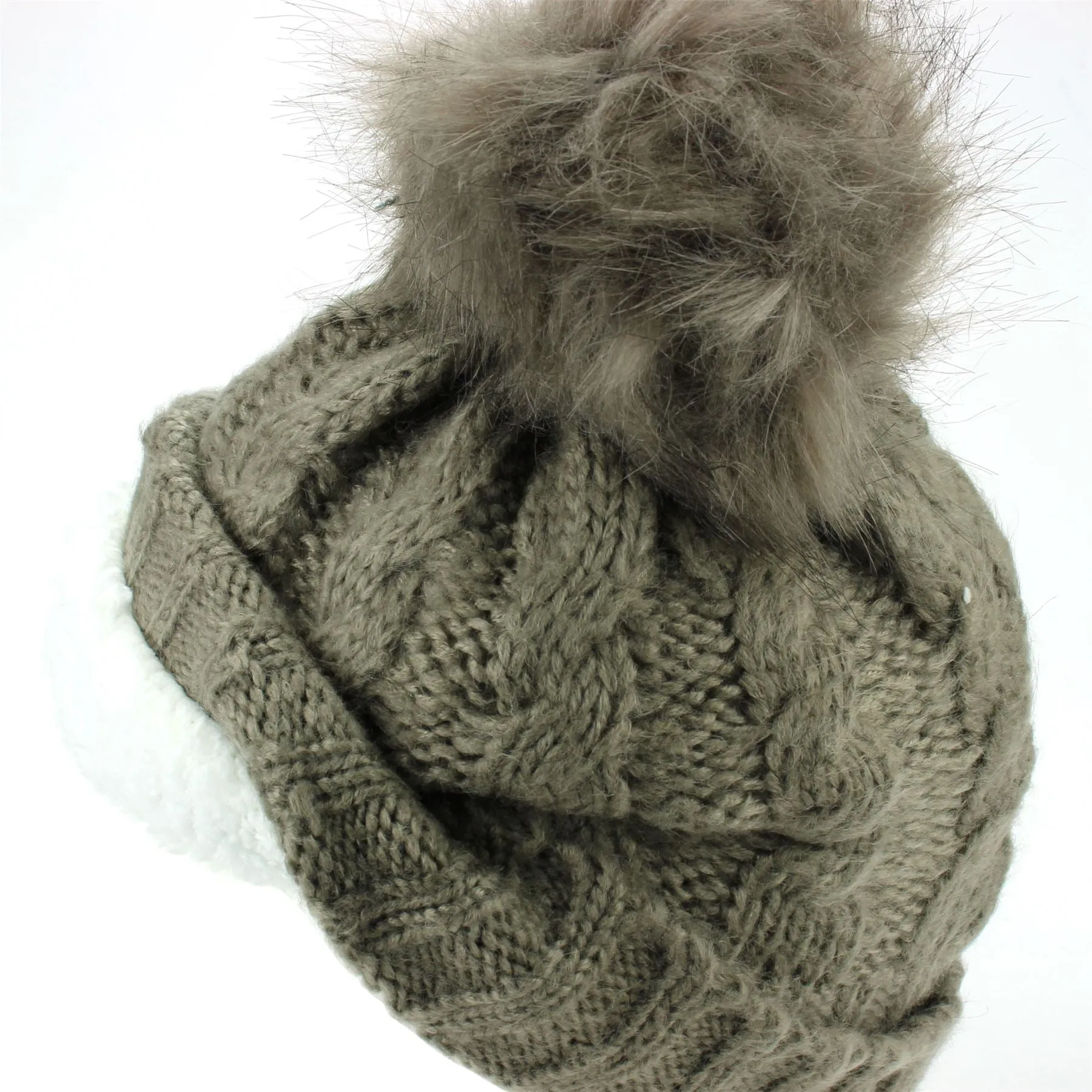 Twisted Rib Knitted Hat with Matching Colour Bobble - Brown