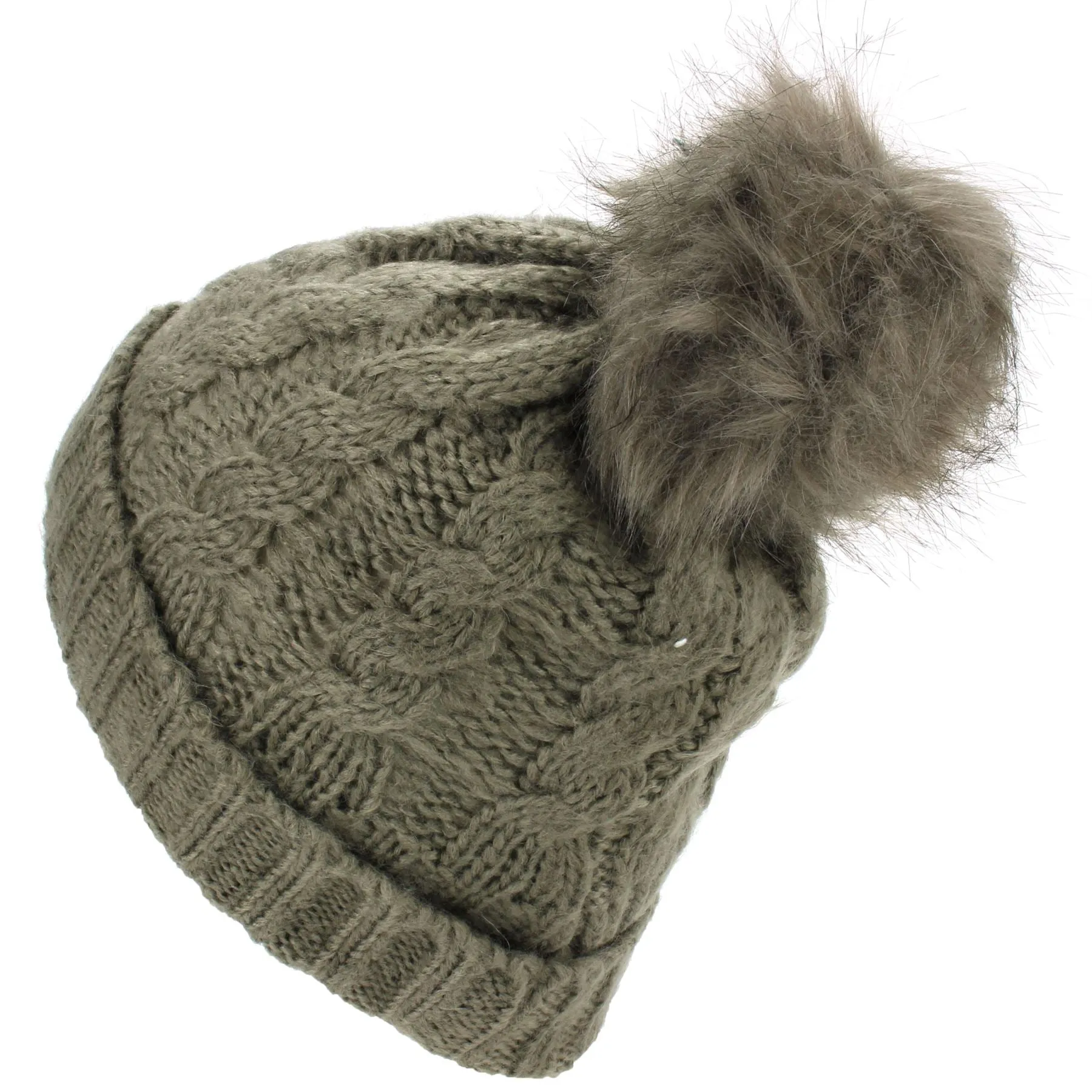 Twisted Rib Knitted Hat with Matching Colour Bobble - Brown