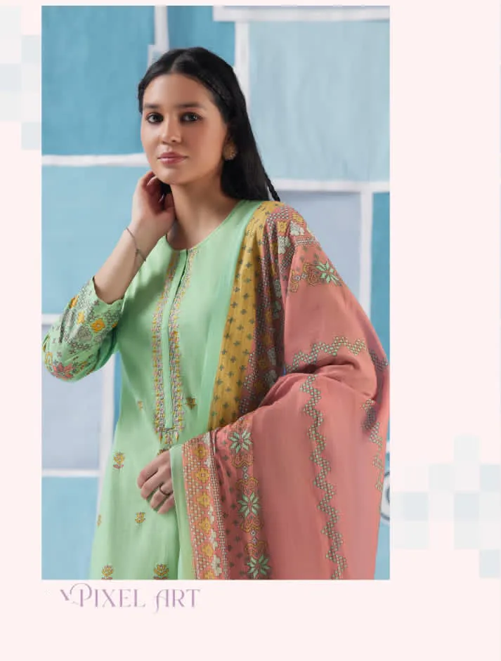 Unstitched Green Cotton Suit for Women with Embroidery