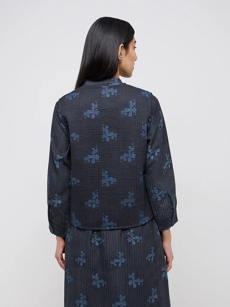 Utsa Indigo Floral Design Quilted Cotton Jacket