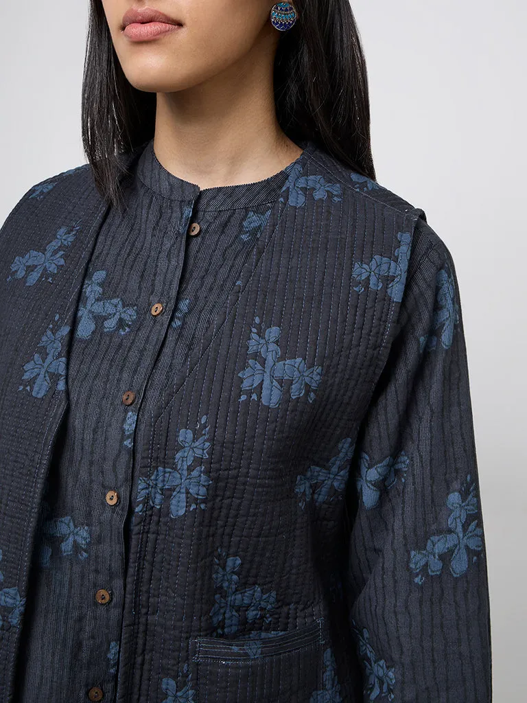 Utsa Indigo Floral Design Quilted Cotton Jacket