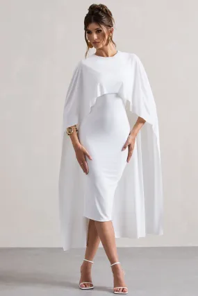 Vana | White Draped Midi Dress With Cape Sleeves