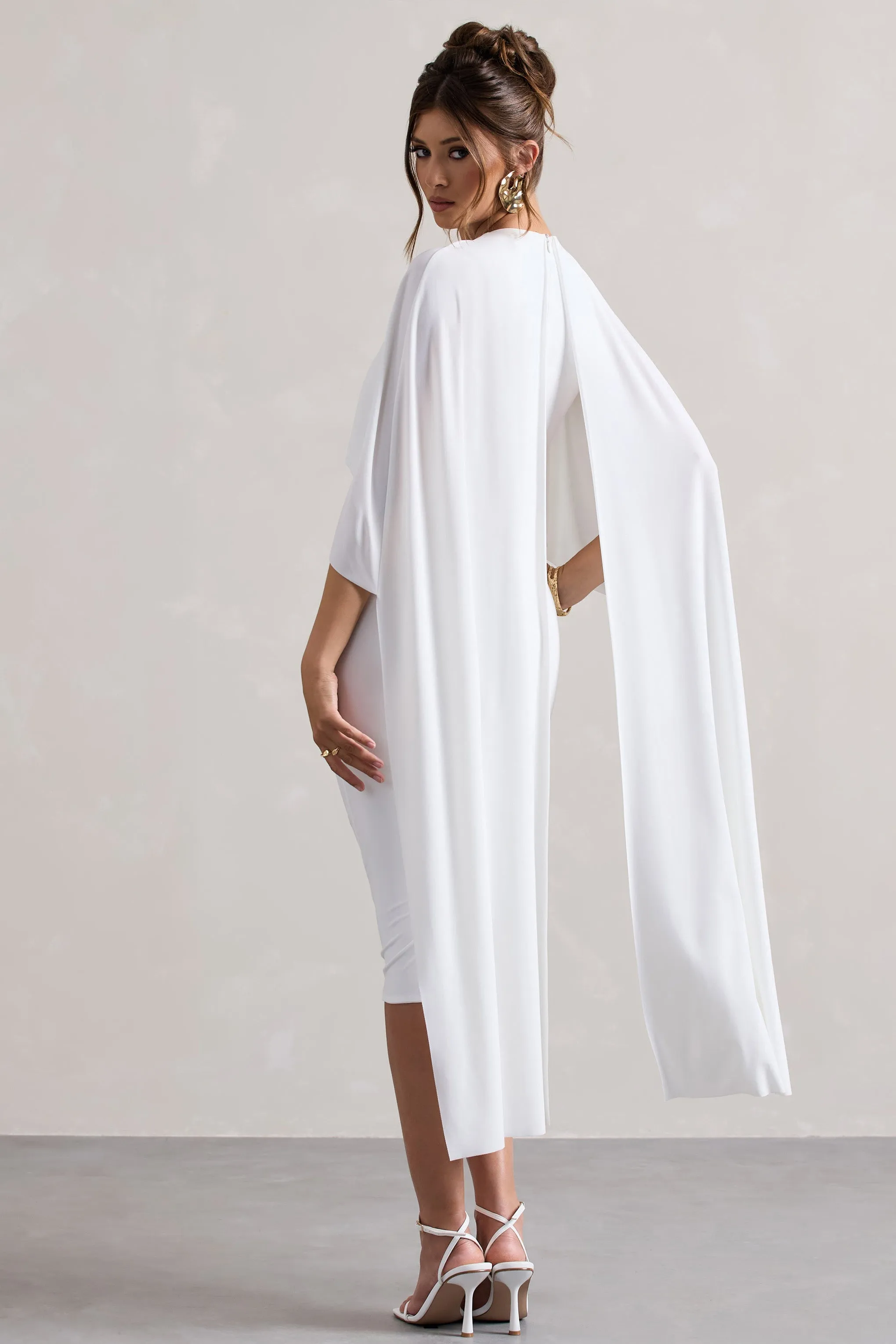 Vana | White Draped Midi Dress With Cape Sleeves