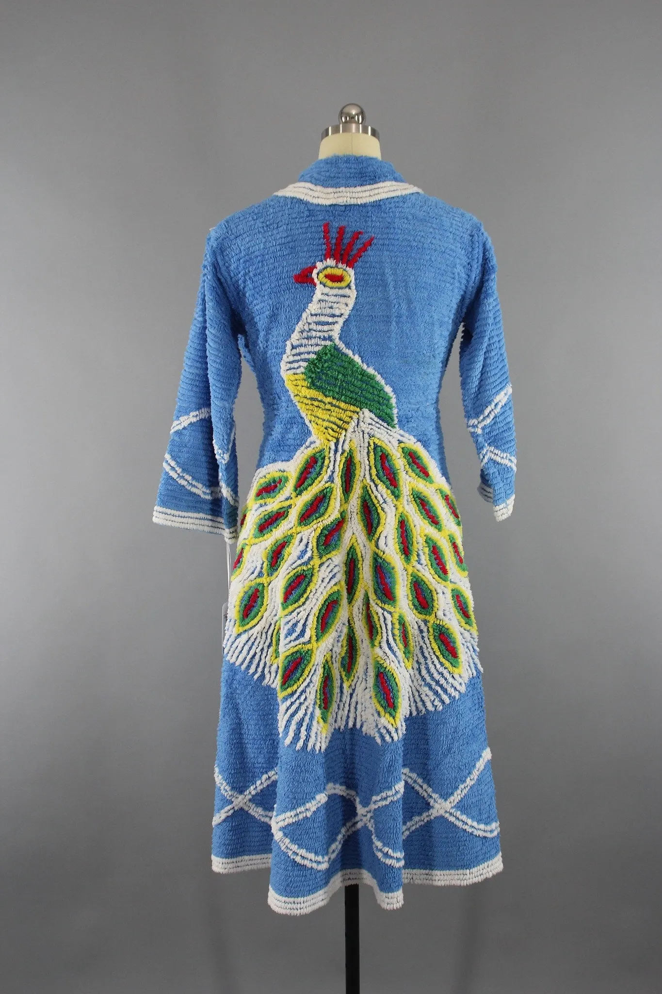 Vintage 1940s Chenille Robe with Blue Peacock