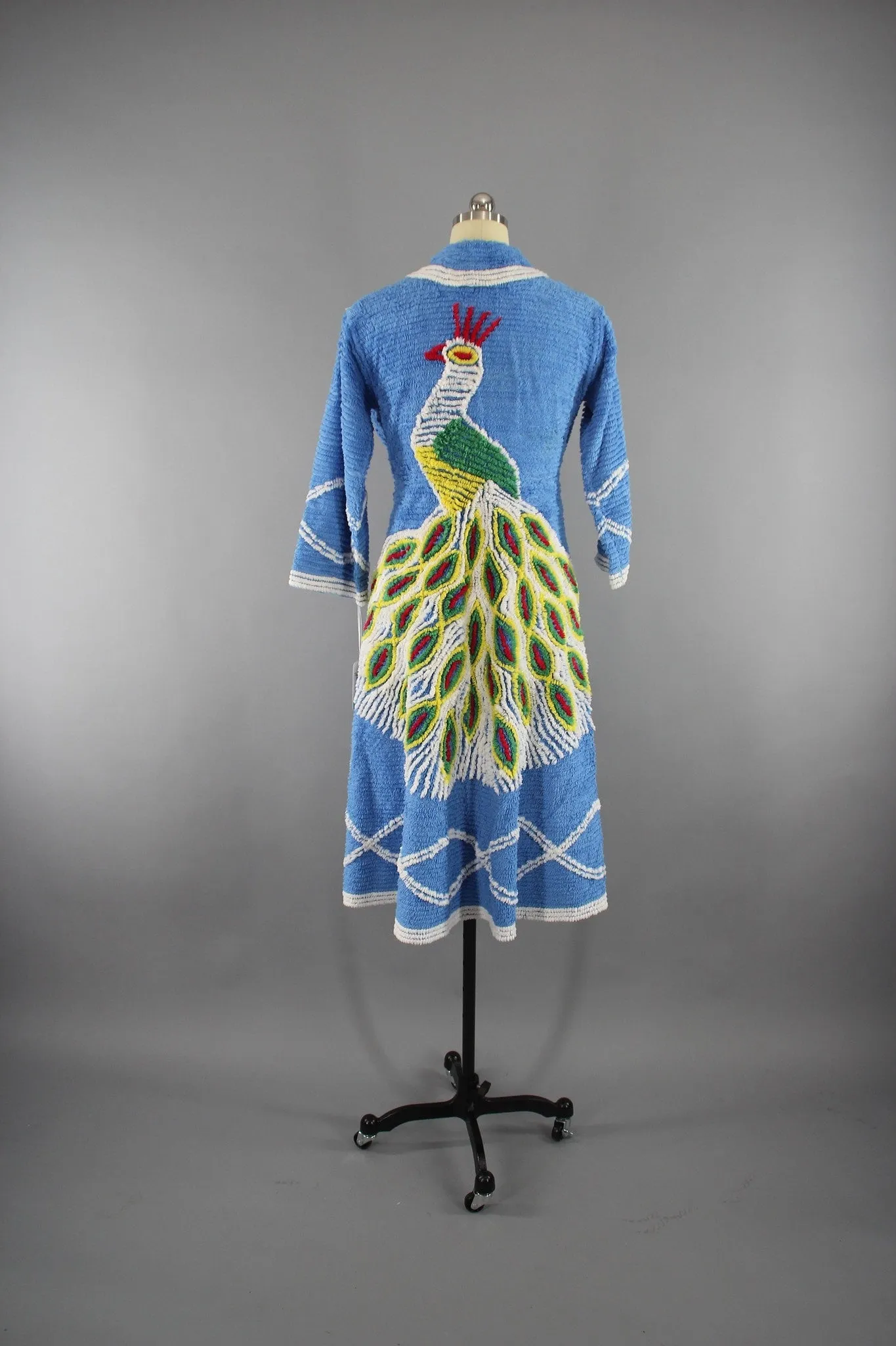 Vintage 1940s Chenille Robe with Blue Peacock