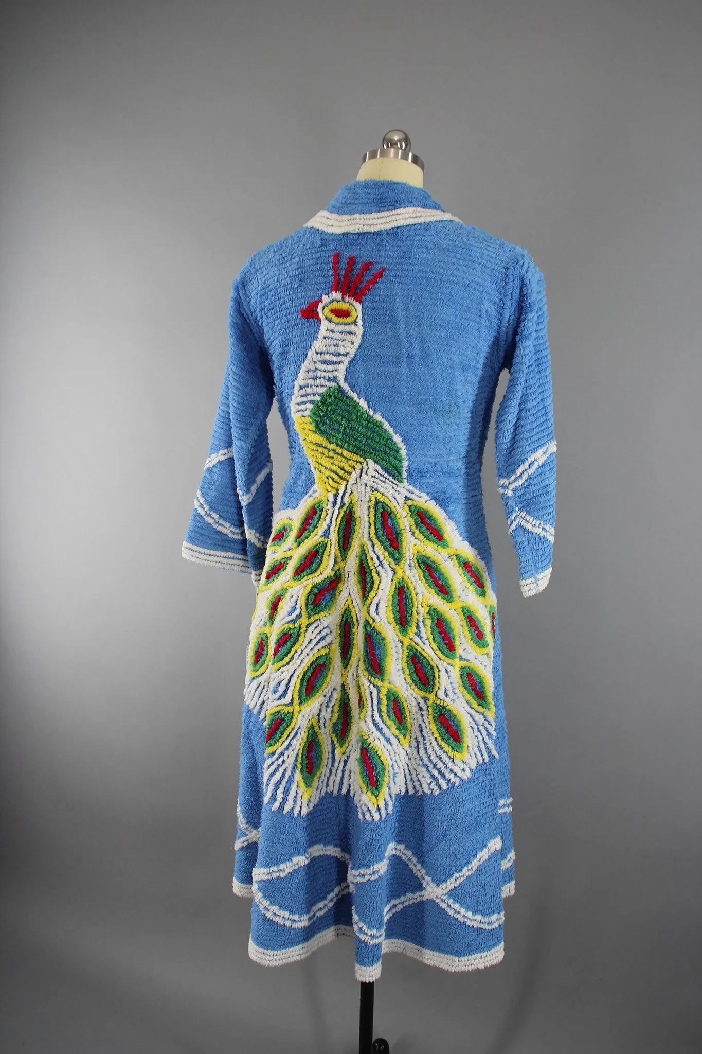 Vintage 1940s Chenille Robe with Blue Peacock